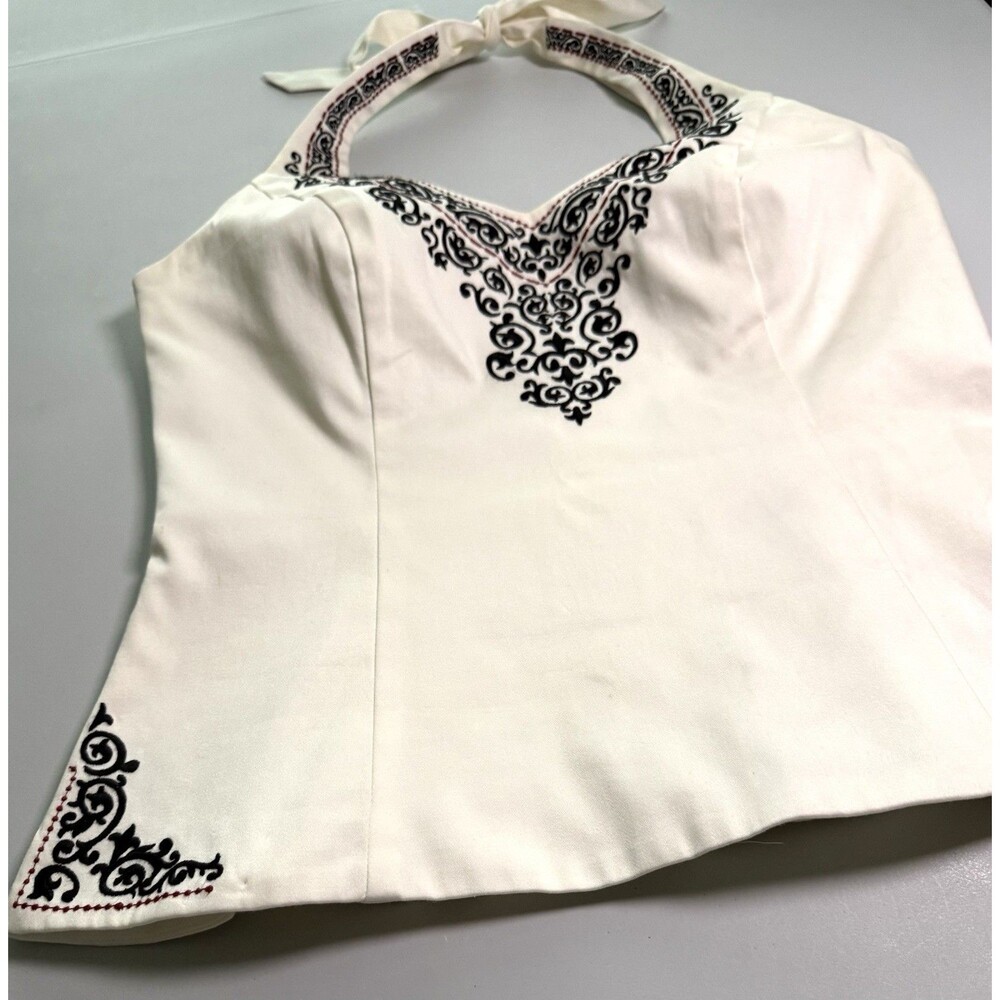 White House Black Market Structured Halter Top Sz US 8 Cotton Embroidered Lined - Picture 10 of 10